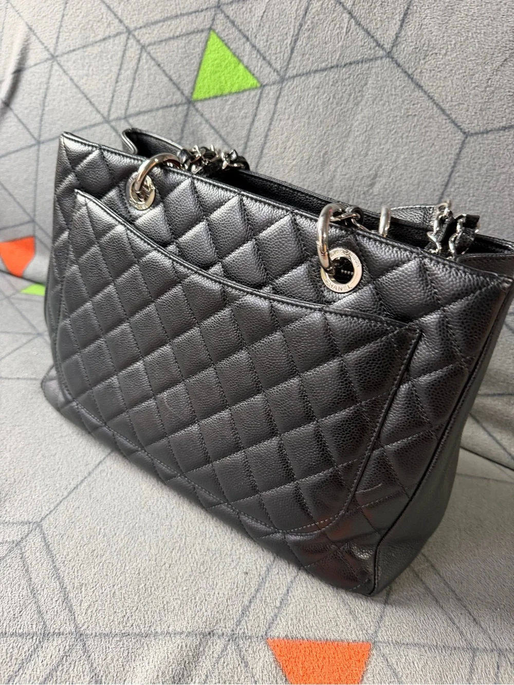 CHANEL Black Quilted Caviar Leather Shoulder Bag with Silver Chain Straps/ GST